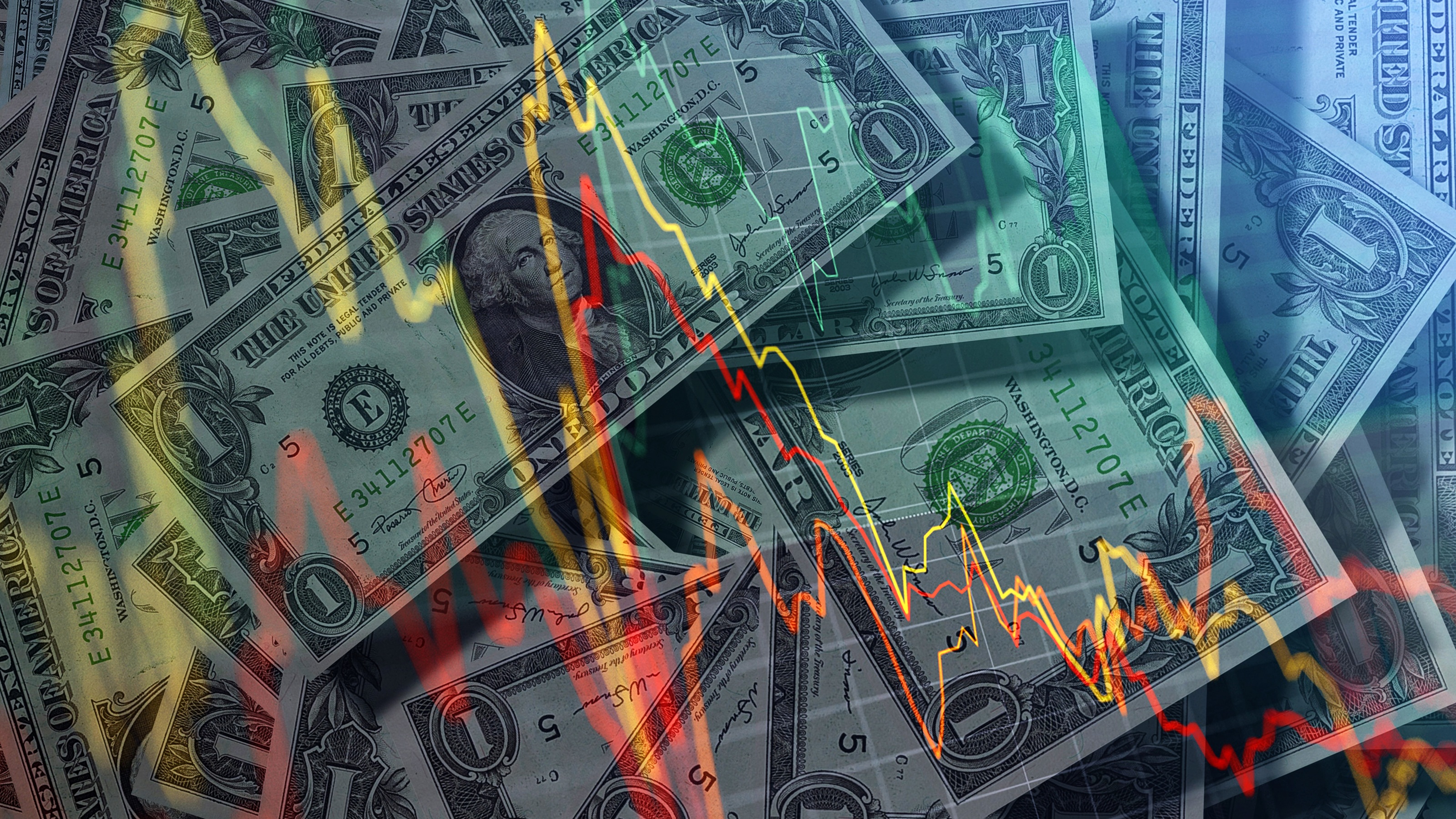 A volatile trading graphic with scattered dollar bills as the backdrop.