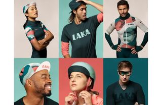 Laka Bike insurance depicted by 3x2 headshots of individuals wearing LAKA branded hats or t-shirts on coloured backgrounds