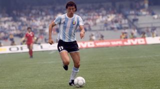 Jorge Valdano (Argentina) in action during a first round match of the 1986 FIFA World Cup against South Korea. Argentina won 3-1. (Photo by Jean-Yves Ruszniewski/TempSport/Corbis/VCG via Getty Images)