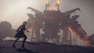 2B fighting a giant enemy oil rig in NieR: Automata