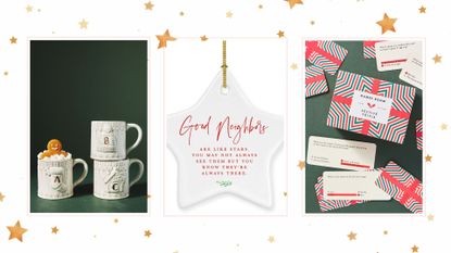 Three side-by-side images of the best Christmas gift ideas for neighbors. Three white monogram Christmas mugs on the fair right, a white star neighbor Christmas ornament in the middle, and a product image of a festive trivia card game on the far right.