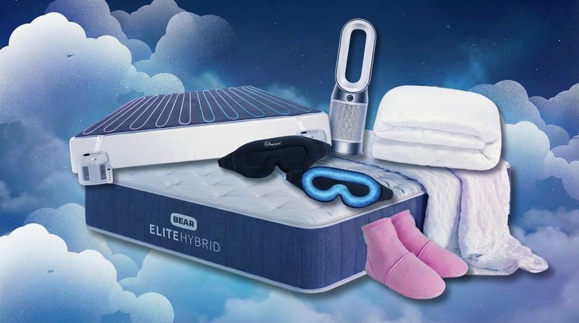 Collage of cooling sleep products on blue gradient background with clouds