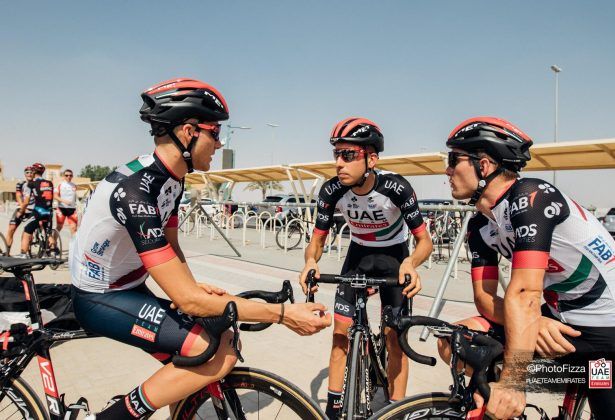 Fabio Aru talks to his UAE Team Emirates teammates