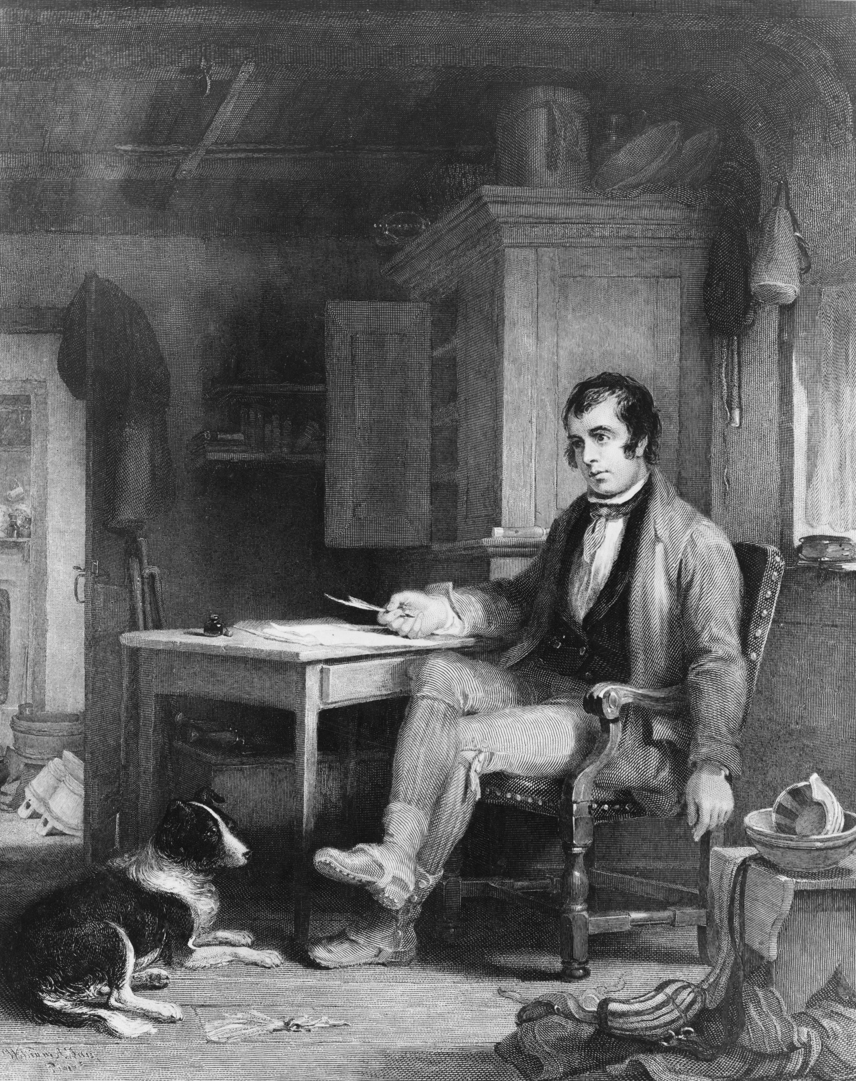 Engraving of Robert Burns seated at a desk inside a modest room, writing with a quill, with a border collie lying attentively at his feet.