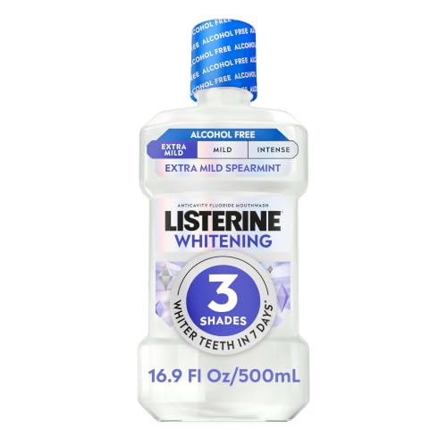 Listerine Whitening Mouthwash, Alcohol Free, Anticavity, 16.9 Fl. Oz/500 Ml | 3 Shades Whiter Teeth in 7 Days*, Peroxide Free, Dye Free, Non-Abrasive Formula, Extra Mild Spearmint Flavor