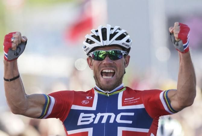 Thor Hushovd (BMC) celebrates a home win on stage 2 of the Arctic Tour of Norway