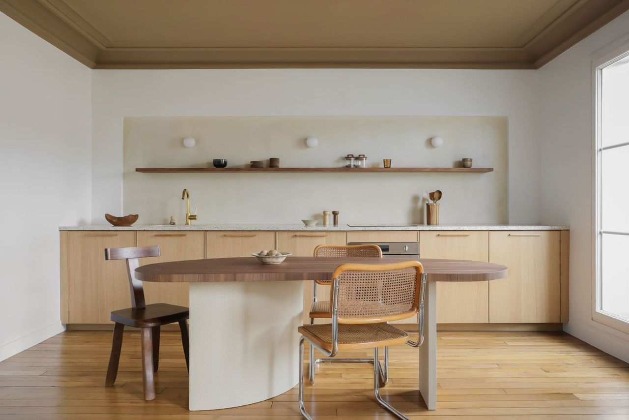 a kitchen with different neutral colors