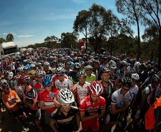 Hundreds of riders lined up on the start line.