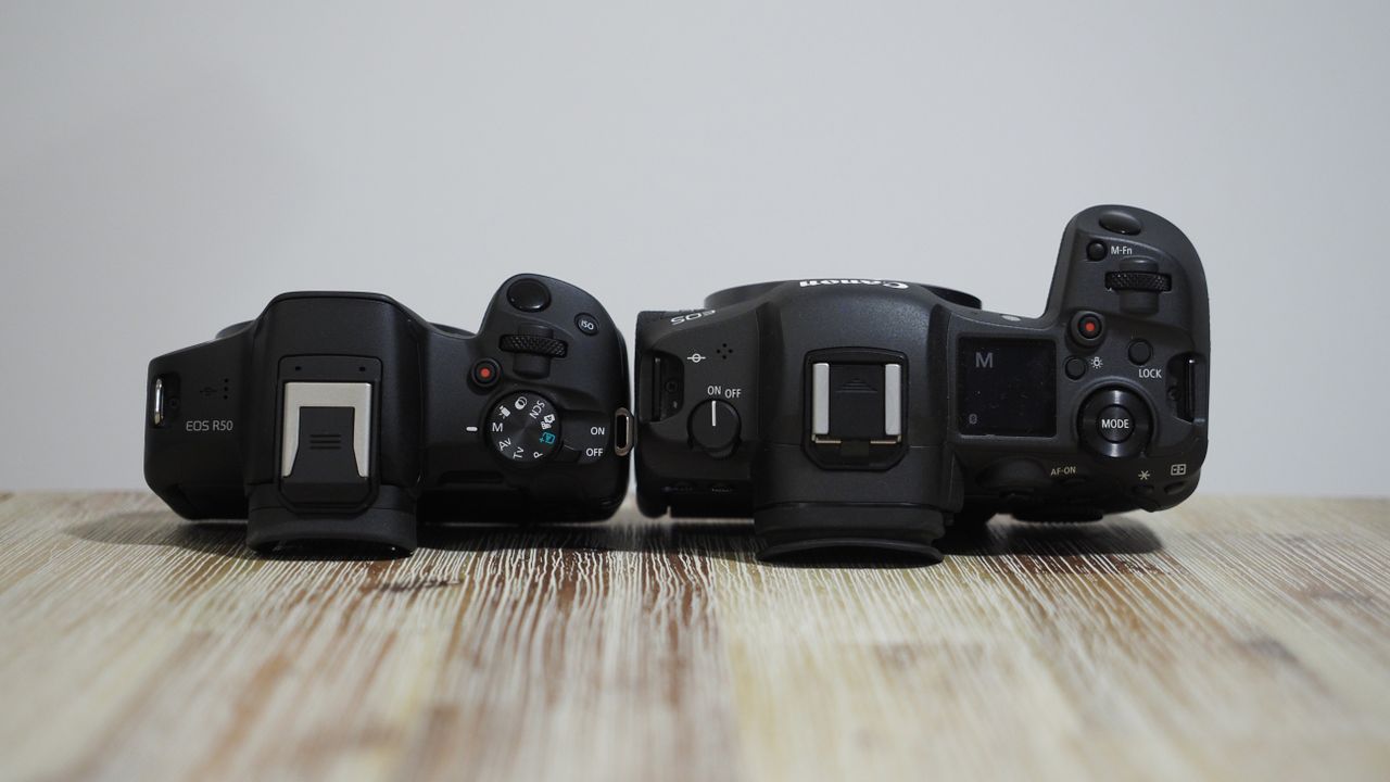 Canon EOS R50 next to Canon EOS R5