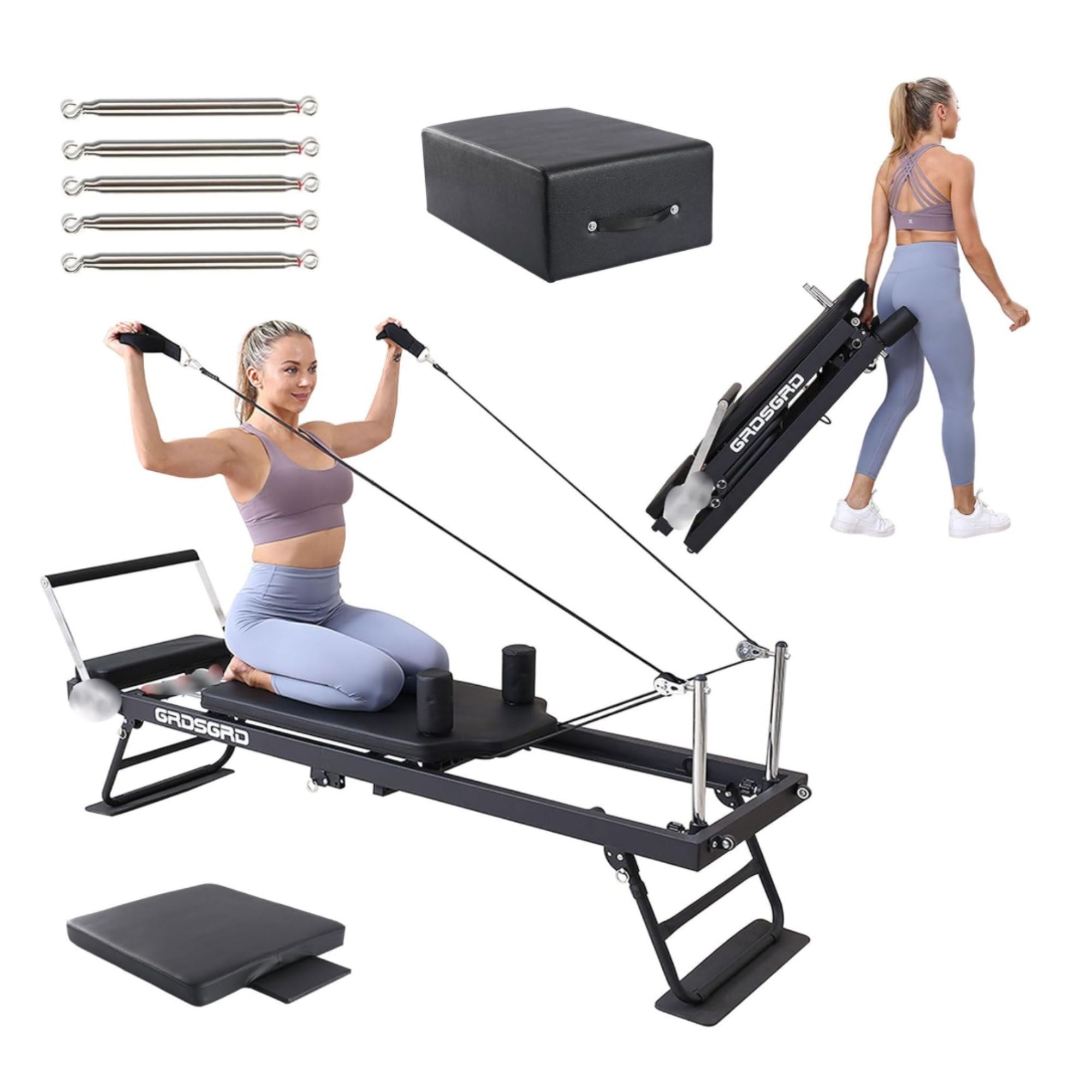woman using GRDSGRD Foldable Reformer Pilates Machine Compact Pilates Reformer Machine Equipment for Home Gym