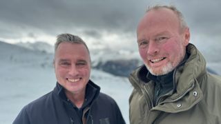 Rob and Dave Nicholson in the snow for Christmas on the Farm 2023