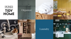 Grid composite with Homes & Gardens black text logo on white background with multiple interiors shots and alternating text overlays of Organize, Clean and Laundry