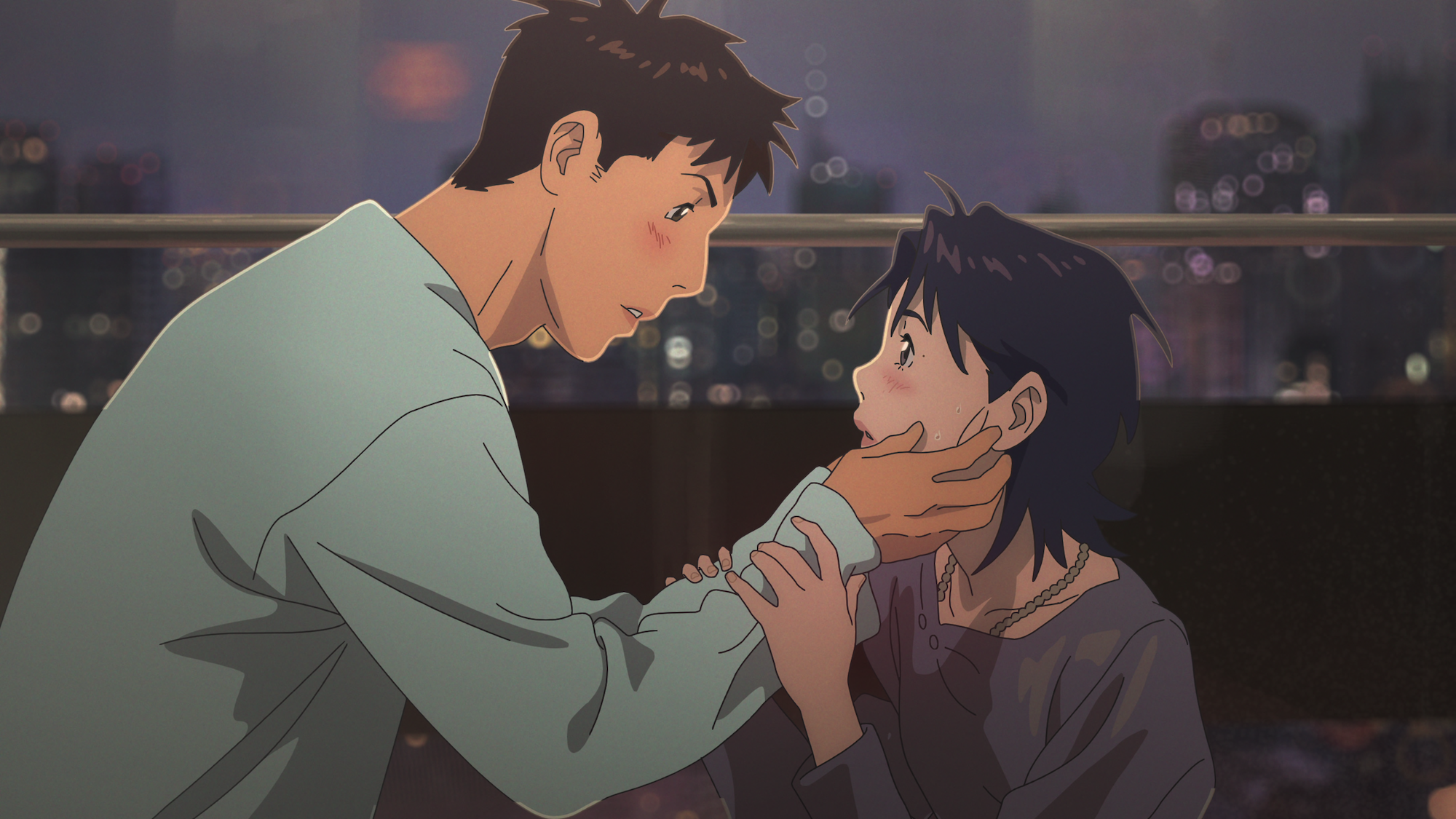 A still from the Korean animated movie 'Lost in Starlight.' of a man reaching down and touching a girl's face on a rooftop
