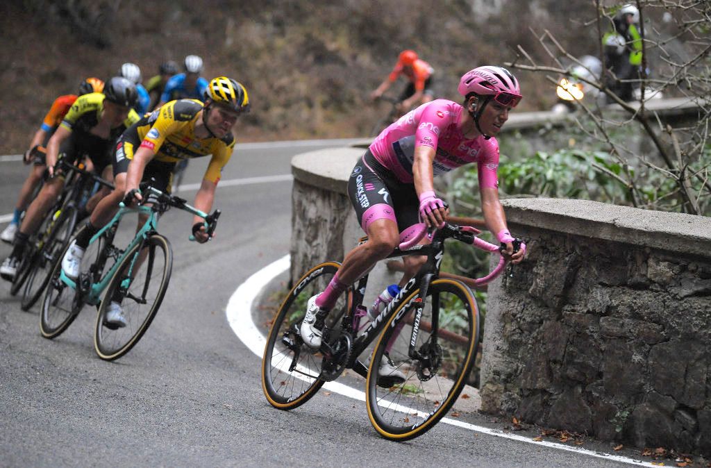 CAMIGLIATELLO SILANO, ITALY - OCTOBER 07: Joao Almeida of Portugal and Team Deceuninck - Quick-Step Pink Leader Jersey / Tobias Foss of Norway and Team Jumbo - Visma / during the 103rd Giro d'Italia 2020, Stage 5 a 225km stage from Mileto to Camigliatello Silano 1275m / @girodiitalia / #Giro / on October 07, 2020 in Camigliatello Silano, Italy. (Photo by Tim de Waele/Getty Images)