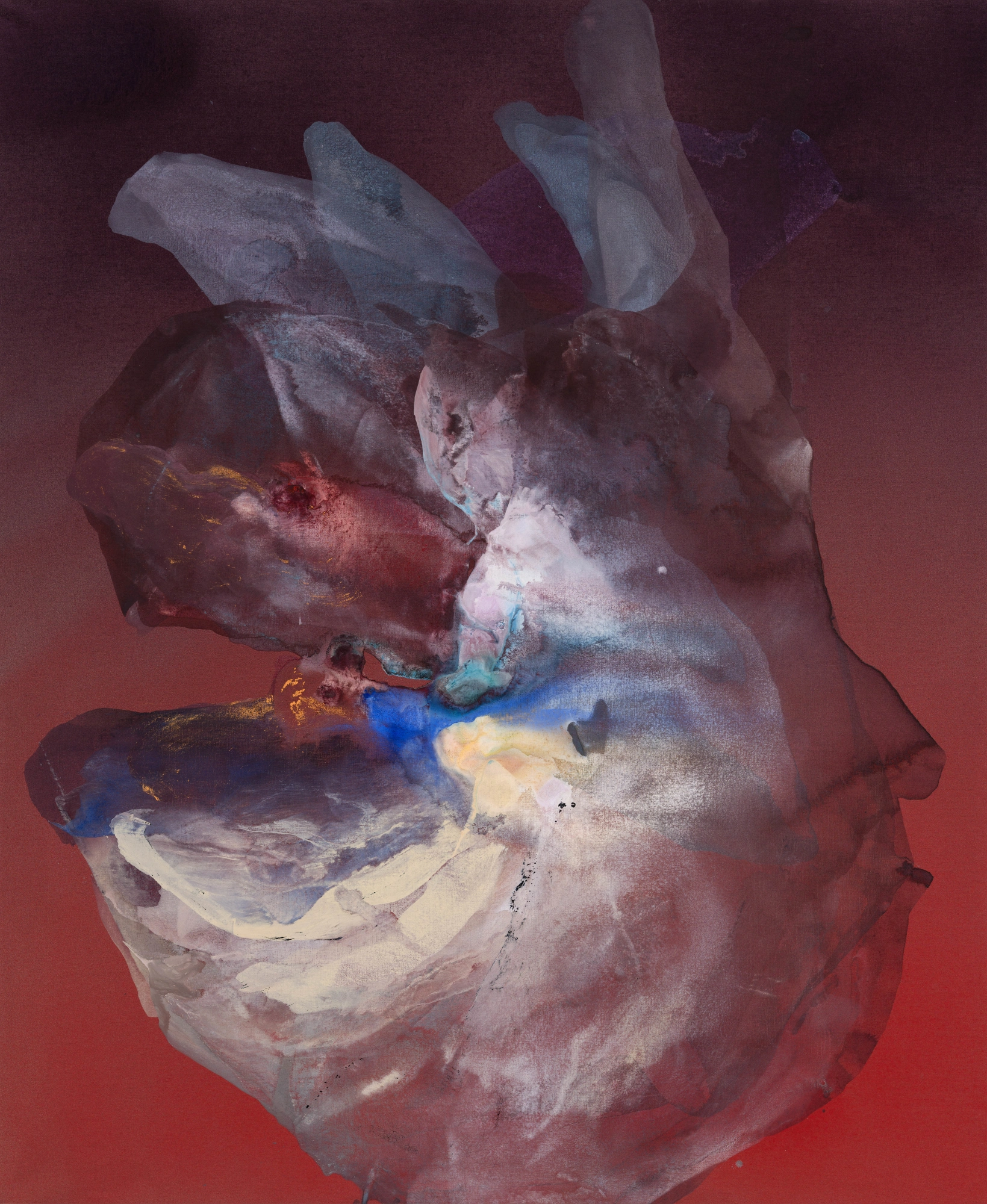 A red-tinted painting centers an abstract composition resembling of a colorful, water-soaked petal.