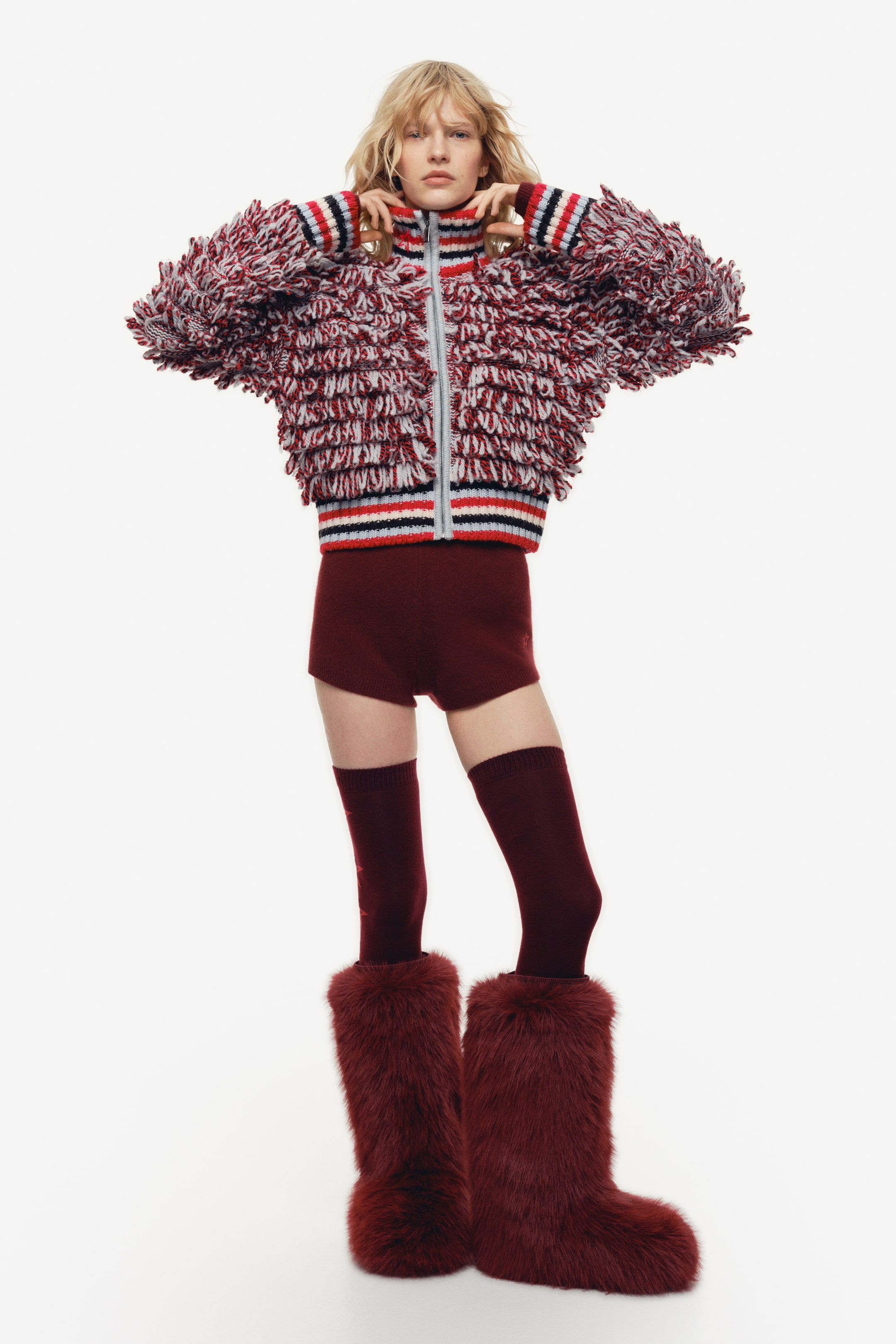 Boucl&amp;eacute;-Knit Wool Cardigan - Red/striped