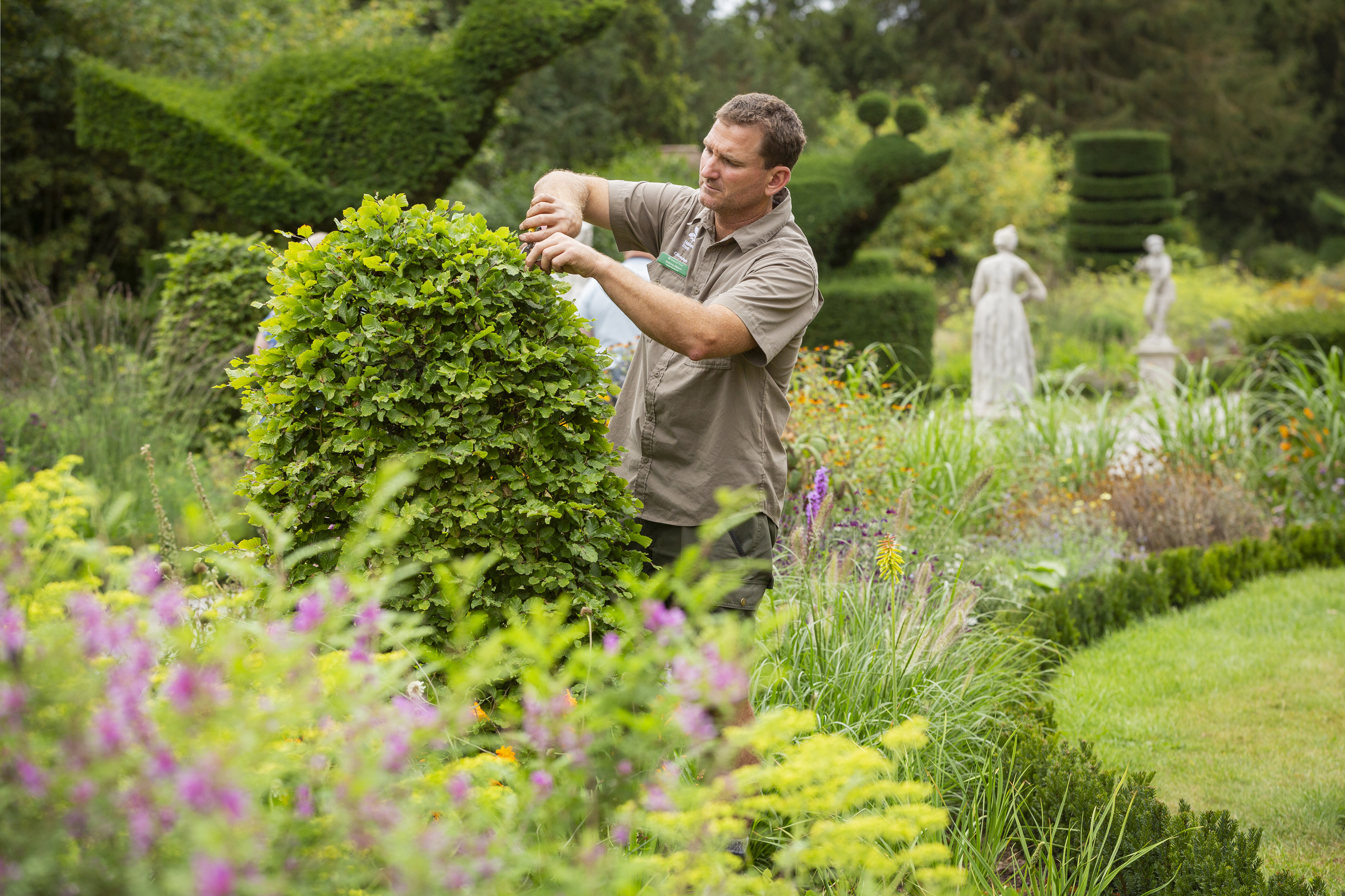 Head Gardener Anthony Mason tends to a beech &#039;beehive&#039; in the Long Garden.