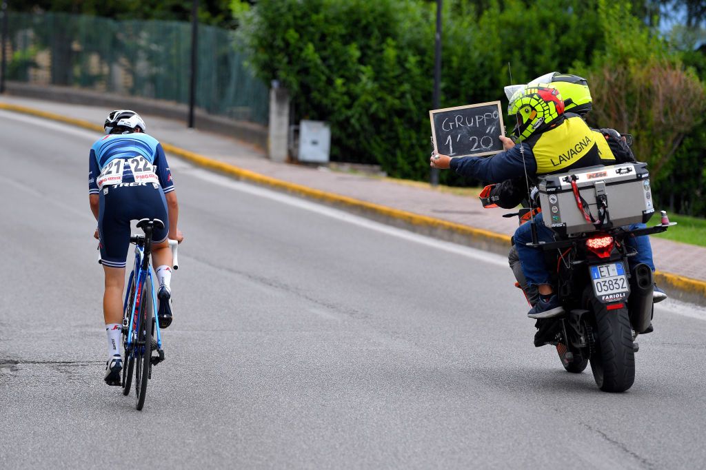 PUEGNAGO DEL GARDA ITALY JULY 08 Lucinda Brand of Netherlands and Team Trek Segafredo staff of race in breakaway during the 32nd Giro dItalia Internazionale Femminile 2021 Stage 7 a 1096km stage from Soprazocco di Gavardo to Puegnago Del Garda 219m GiroDonne UCIWWT on July 08 2021 in Puegnago del Garda Italy Photo by Luc ClaessenGetty Images