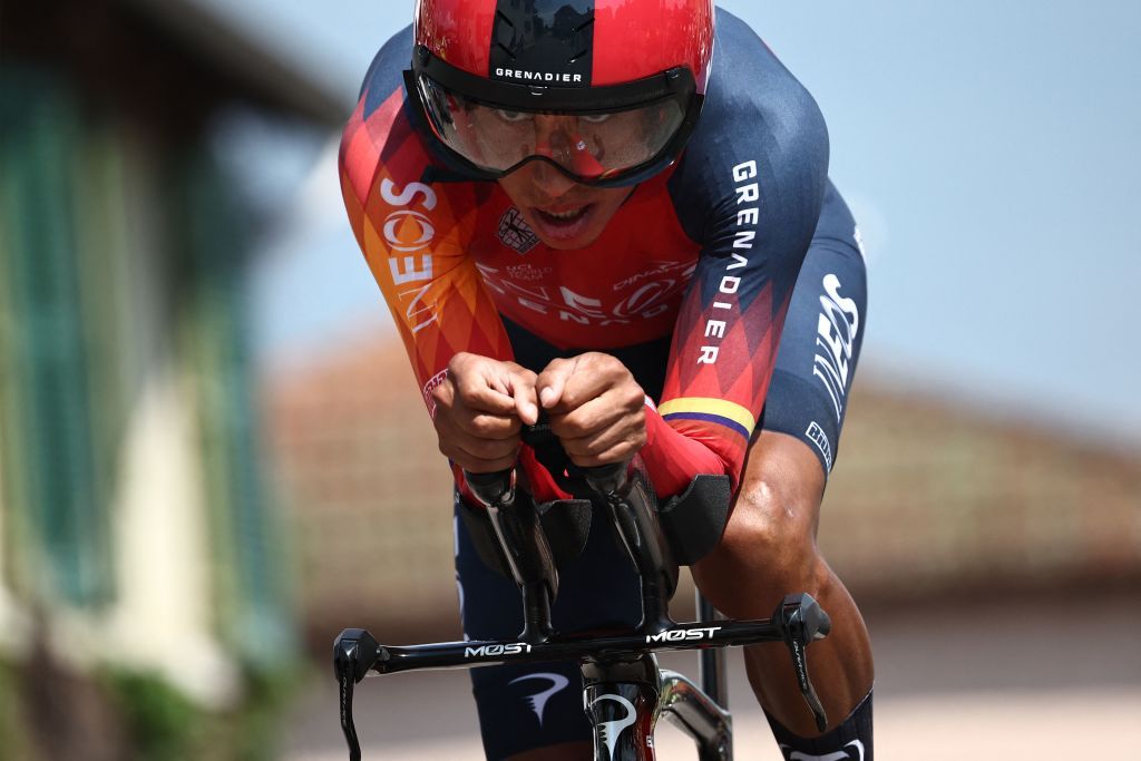 INEOS Grenadiers Colombian rider Egan Bernal competes in the fourth stage of the 75th edition of the Criterium du Dauphine cycling race individual time trial 311km between Cours to Belmont de La Loire France on June 7 2023 Photo by AnneChristine POUJOULAT AFP Photo by ANNECHRISTINE POUJOULATAFP via Getty Images