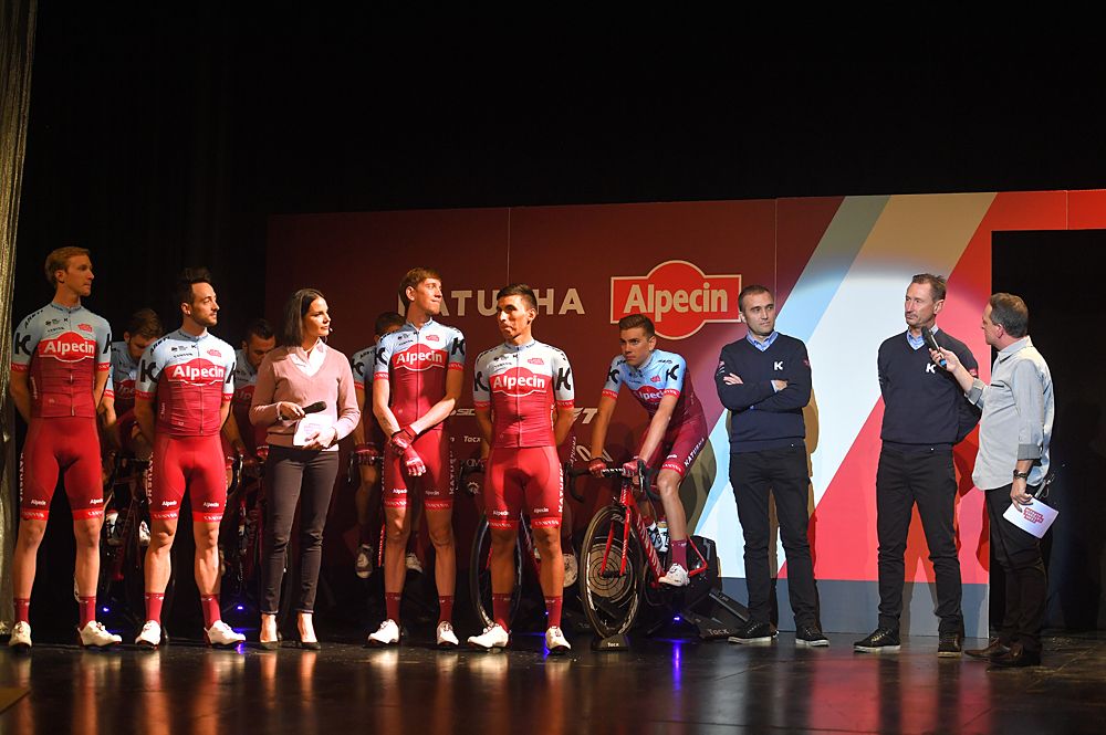 Riders line up at the Katusha-Alpecin team presentation