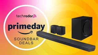 Samsung QN990C soundbar with a sign saying 'Prime Day soundbar deals'