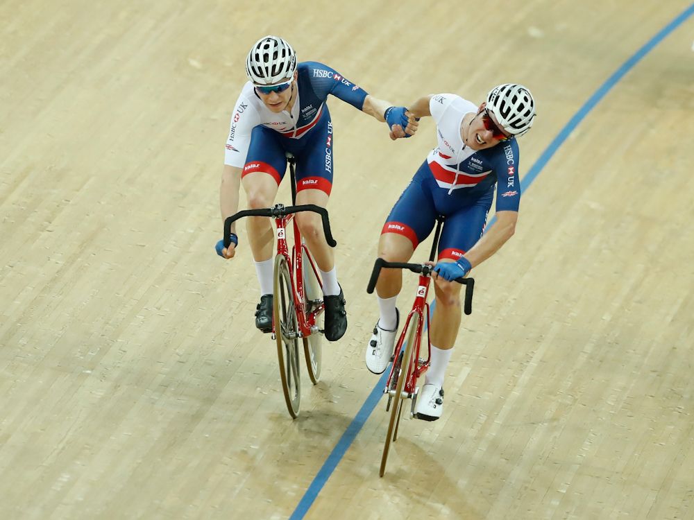 Team of Great Britain's Mark Stewart and Oliver Wood in relay of the Men's Madison Final on Day 5 in 2017 UCI Track Cycling World Championships