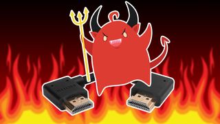 Graphic of a cartoon devil dancing on an HDMI cable in hell