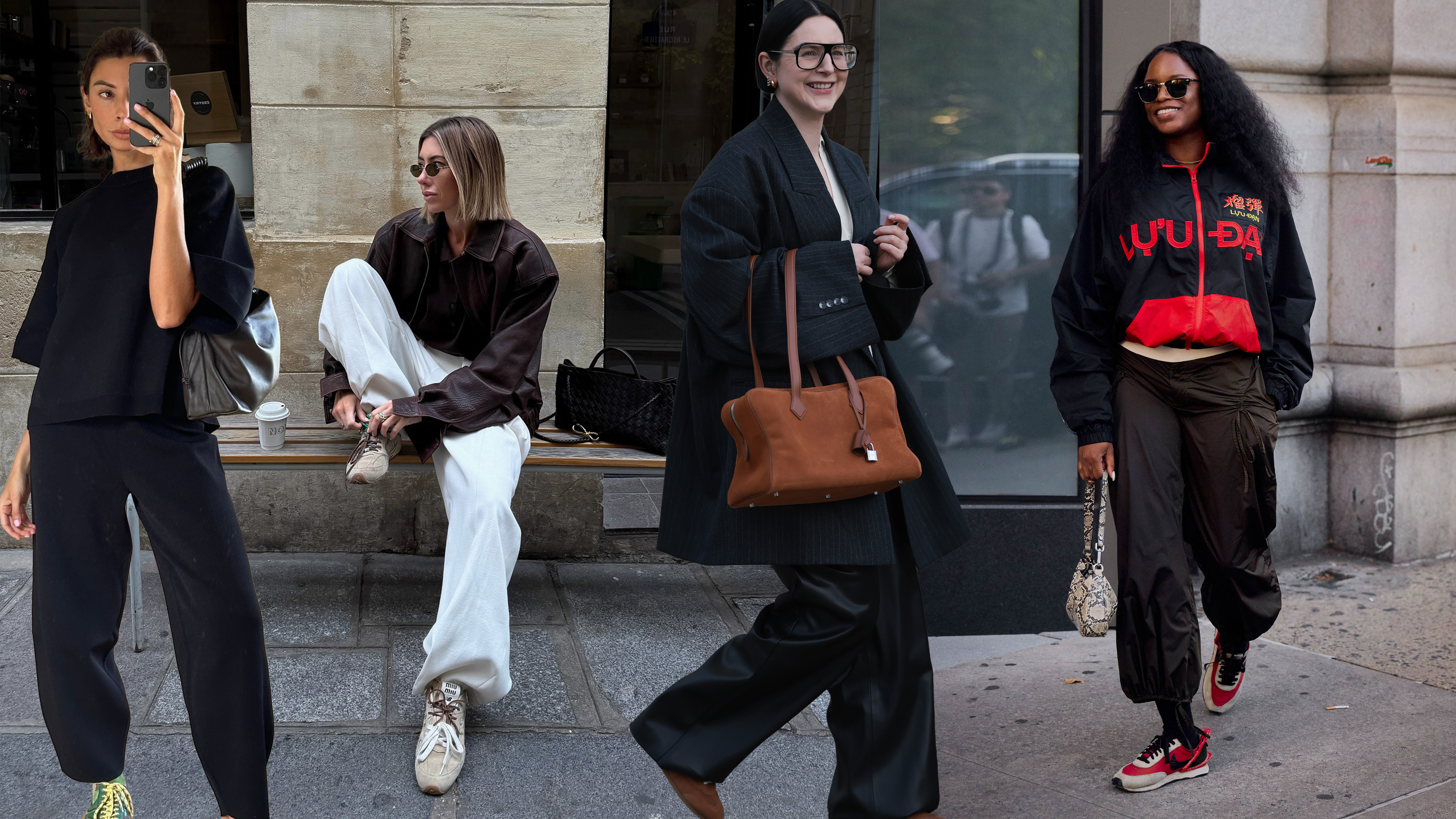 A collage of four women wearing different sneaker color trends of 2026.