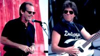 LEFT: American actor Jack Nicholson onstage at the Live Aid benefit concert, Philadelphia, Pennsylvania, July 13, 1985. RIGHT: American Blues and rock musician George Thorogood performs onstage during the Live Aid benefit concert at Veteren's Stadium, Philadelphia, Pennsylvania, July 13, 1985.