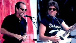 LEFT: American actor Jack Nicholson onstage at the Live Aid benefit concert, Philadelphia, Pennsylvania, July 13, 1985. RIGHT: American Blues and rock musician George Thorogood performs onstage during the Live Aid benefit concert at Veteren's Stadium, Philadelphia, Pennsylvania, July 13, 1985. 