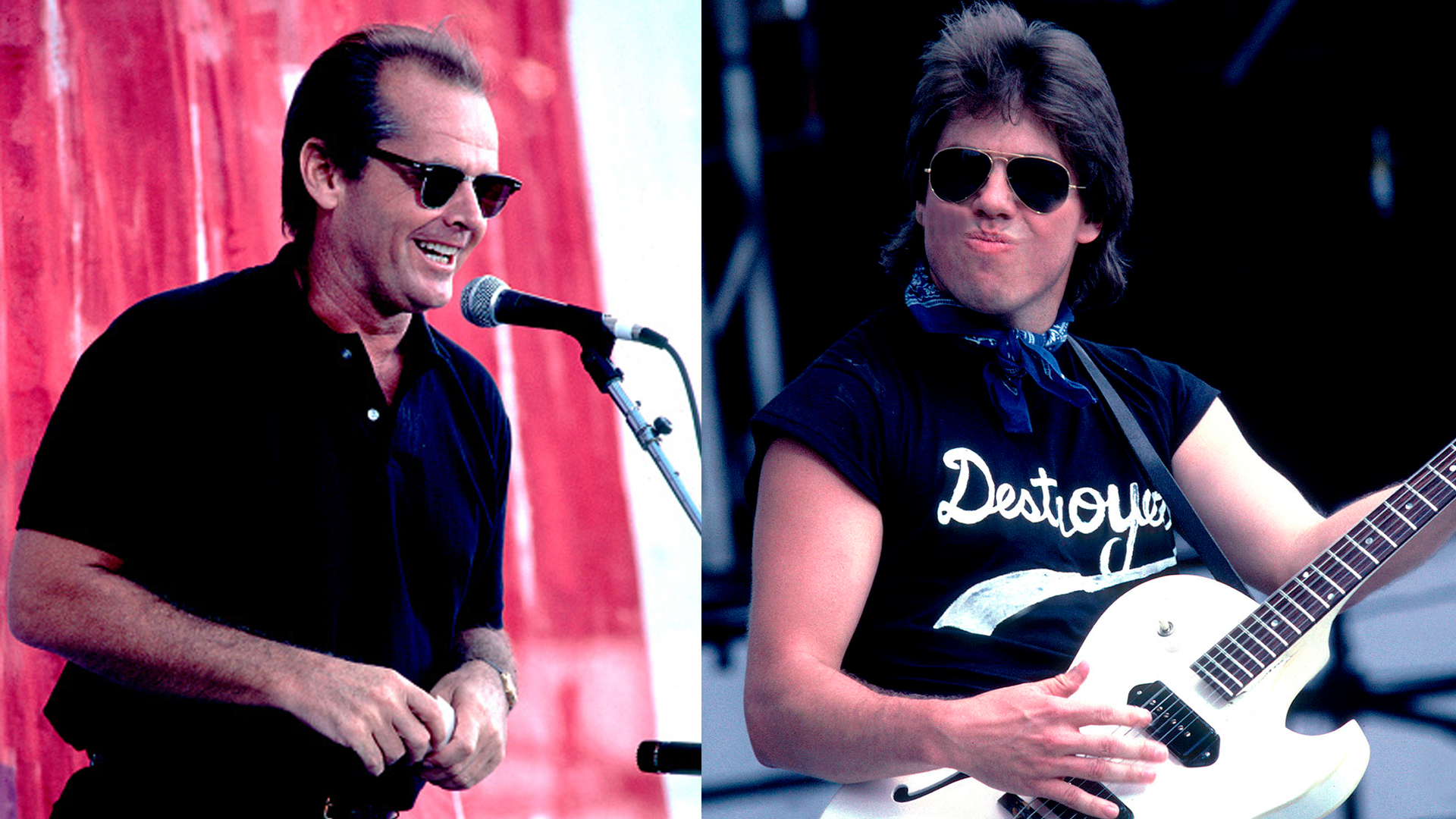 LEFT: American actor Jack Nicholson onstage at the Live Aid benefit concert, Philadelphia, Pennsylvania, July 13, 1985. RIGHT: American Blues and rock musician George Thorogood performs onstage during the Live Aid benefit concert at Veteren's Stadium, Philadelphia, Pennsylvania, July 13, 1985.