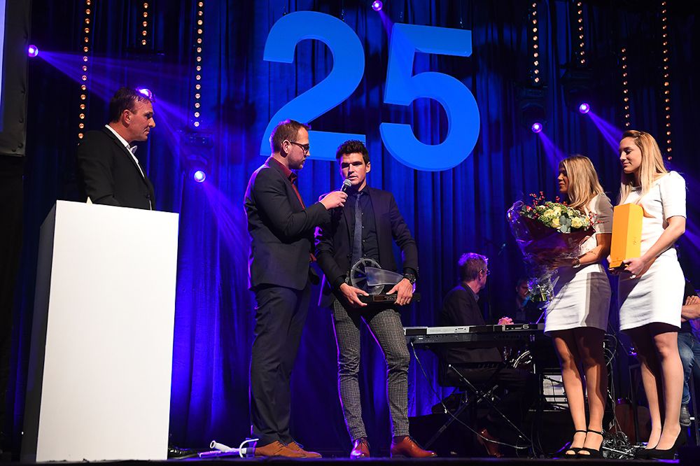 Greg Van Avermaet accepts his third consecutive Crystal Bike Award