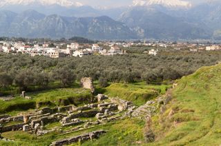 Ruins of an ancient theater sit near the modern city of Sparta, Greece.