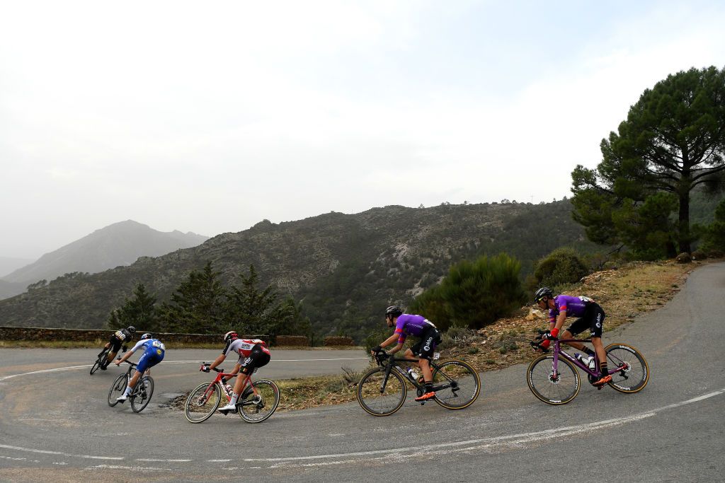 CIUDADRODRIGO SPAIN NOVEMBER 06 Robert Stannard of Australia and Team Mitchelton Scott Remi Cavagna of France and Team Deceuninck QuickStep Kobe Goossens of Belgium and Team Lotto Soudal Angel Madrazo of Spain and Team Burgos BH Jesus Ezquerra Muela of Spain and Team Burgos BH El Portillo 1240m Breakaway during the 75th Tour of Spain 2020 Stage 16 a 162km stage from Salamanca to Ciudad Rodrigo lavuelta LaVuelta20 La Vuelta on November 06 2020 in Ciudad Rodrigo Spain Photo by David RamosGetty Images