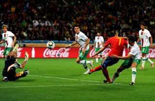 David Villa scores Spain's goal against Portugal at the 2010 World Cup in South Africa.