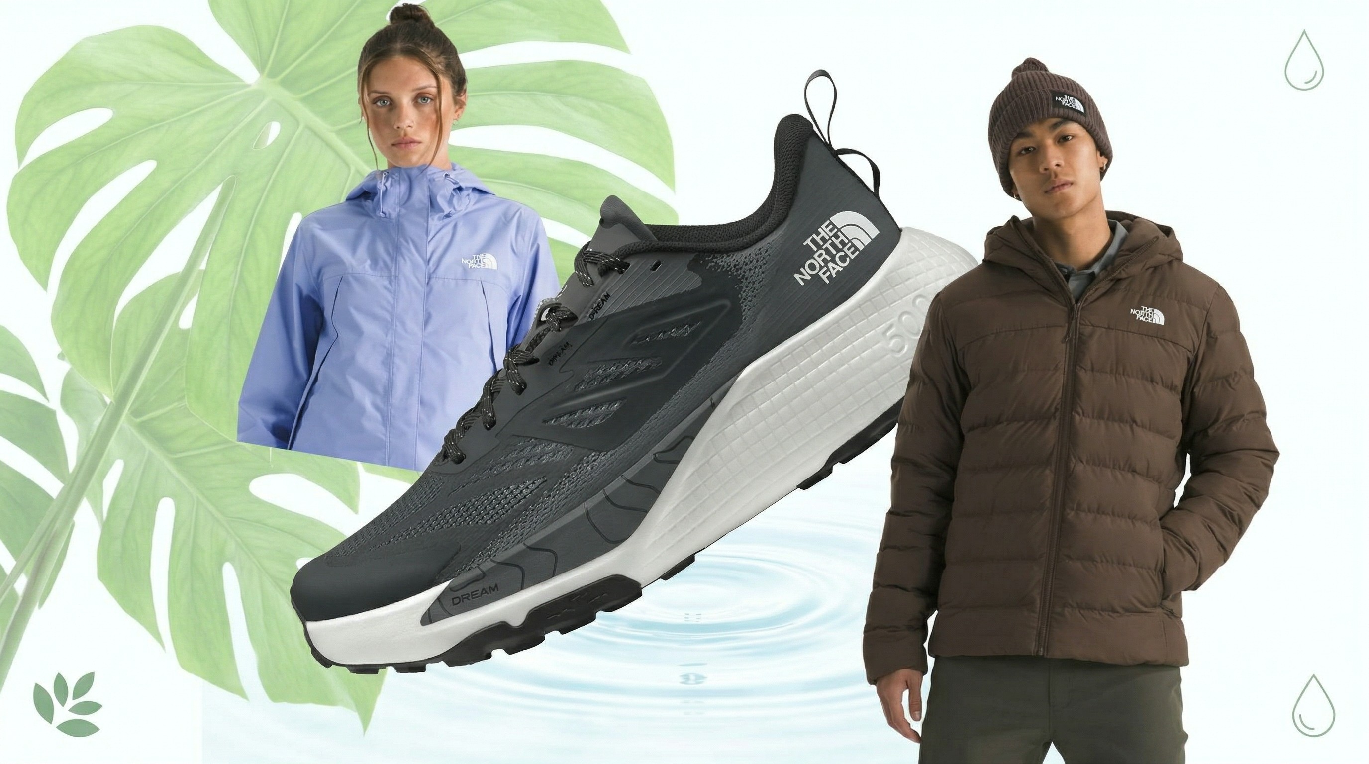 Compilation of The North Face jackets and running shoes