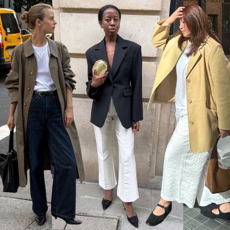 fashion collage of three influencers including Clara Dyrhauge, Sylvie Mus, and Marina Torres wearing outfits with chic basics like a white t-shirt, black blazer, and black Mary Jane flats