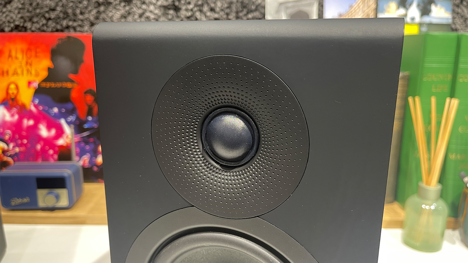 Acoustic Energy AE300 Mk2 standmount speakers close up on tweeter