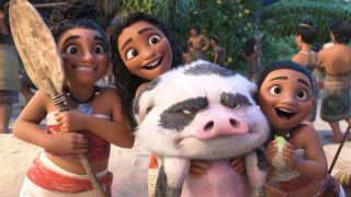 The Moana-Bes excitedly hold a grumpy looking Bua in Moana 2.