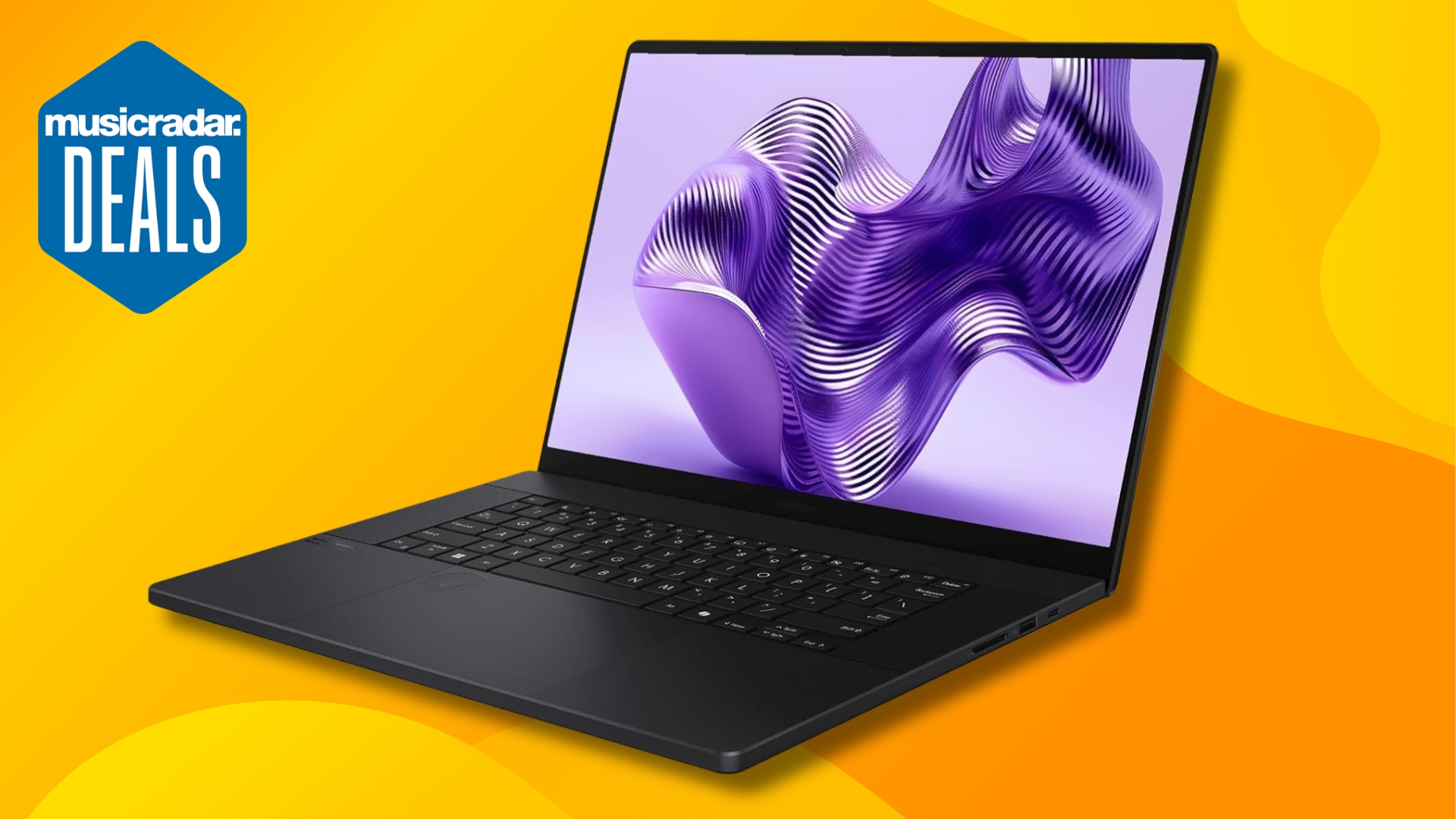 An Asus P16 laptop on a yellow background