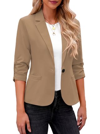 Lookbookstore Women 3/4 Sleeve Blazers for Women Blazers and Jackets Dressy Jackets for Women Blazers for Work Lightweight Blazer for Women Business Casual Dark Khaki Size Small Fits Size 4 Size 6