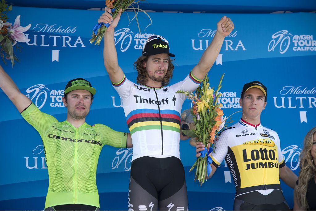 The top three: Wouter Wippert (Cannondale), Peter Sagan (Tinkoff) and Dylan Groenewegen (LottoNL-Jumbo)