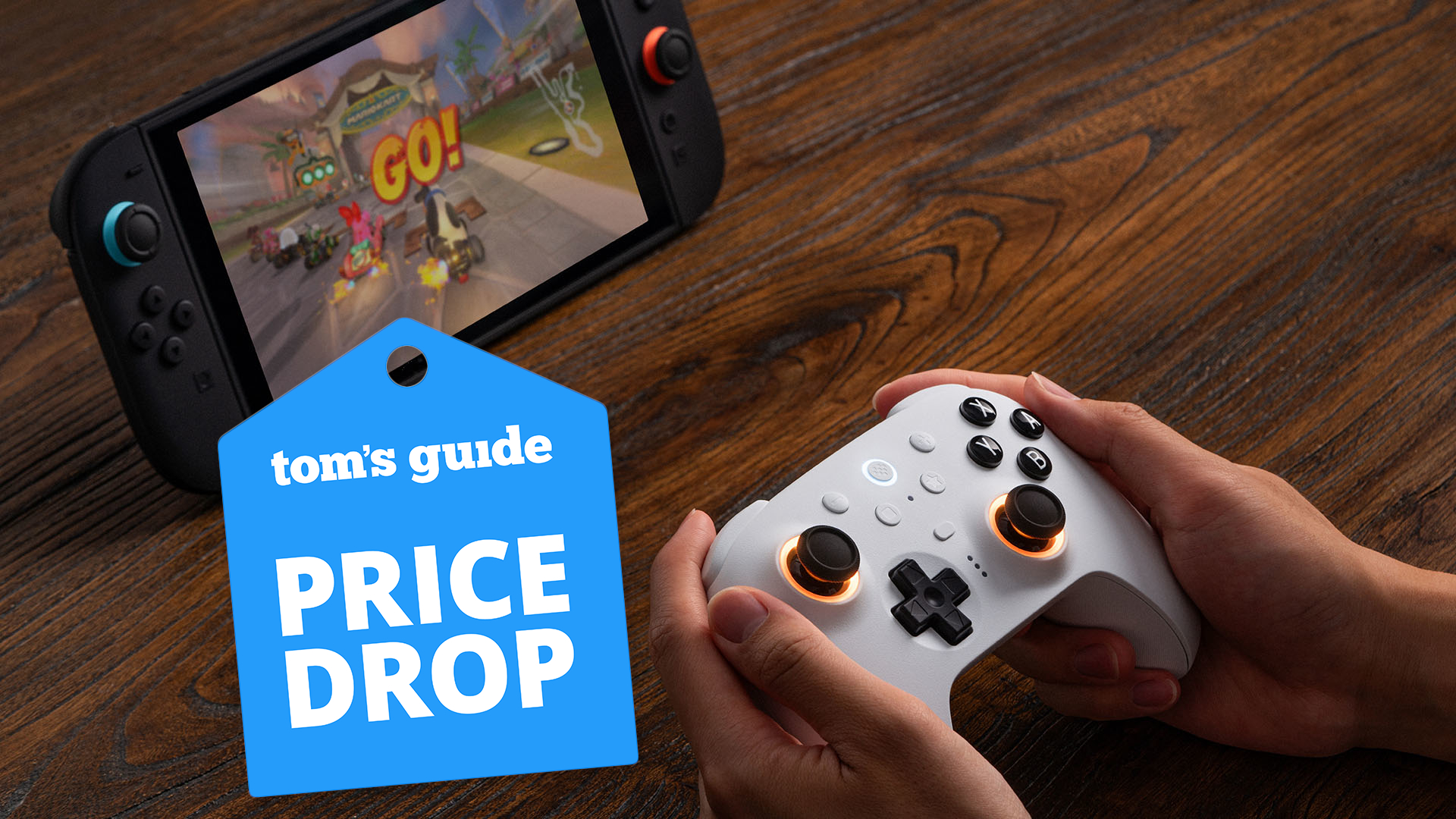 A person playing Switch 2 in tabletop mode with the 8BitDo Ultimate 2 Controller