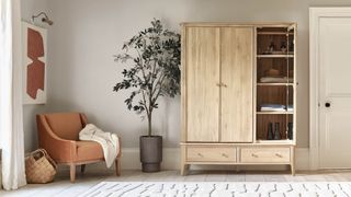 wooden wardrobe next to potted tea and armchair