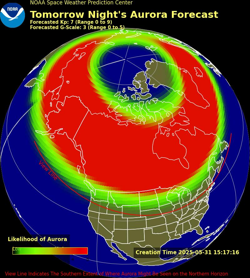 aurora forecast map for the early hours of June 1 showing possible auroras visibility deep into mid latitudes.