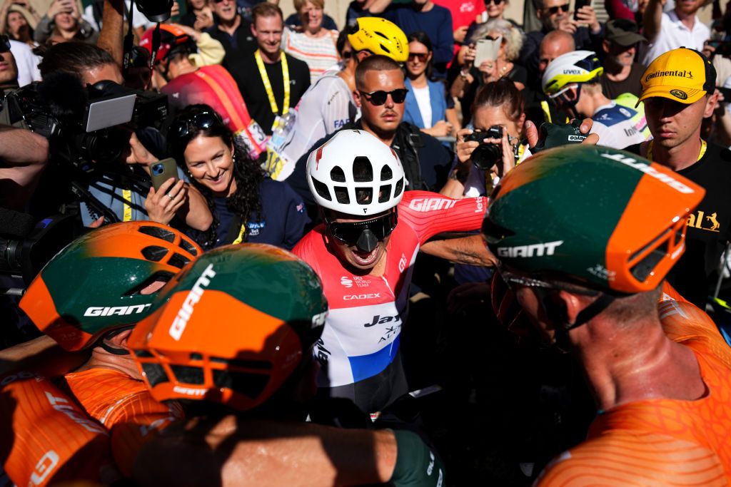 DIJON FRANCE JULY 04 Stage winner Dylan Groenewegen of Netherlands and Team Jayco AlUla reacts after the 111th Tour de France 2024 Stage 6 a 1635km stage from Macon to Dijon UCIWT on July 04 2024 in Dijon France Photo by Daniel Cole PoolGetty Images