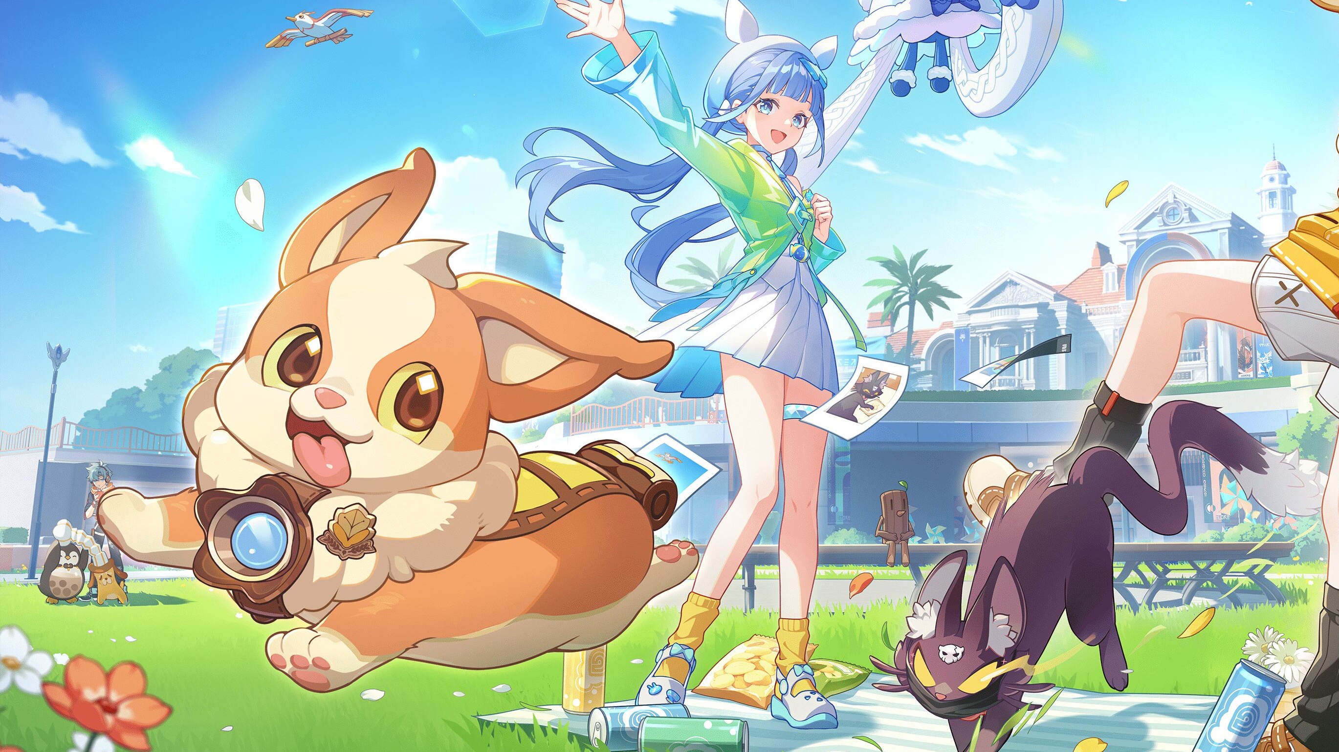 Happy anime people and creatures cavort.