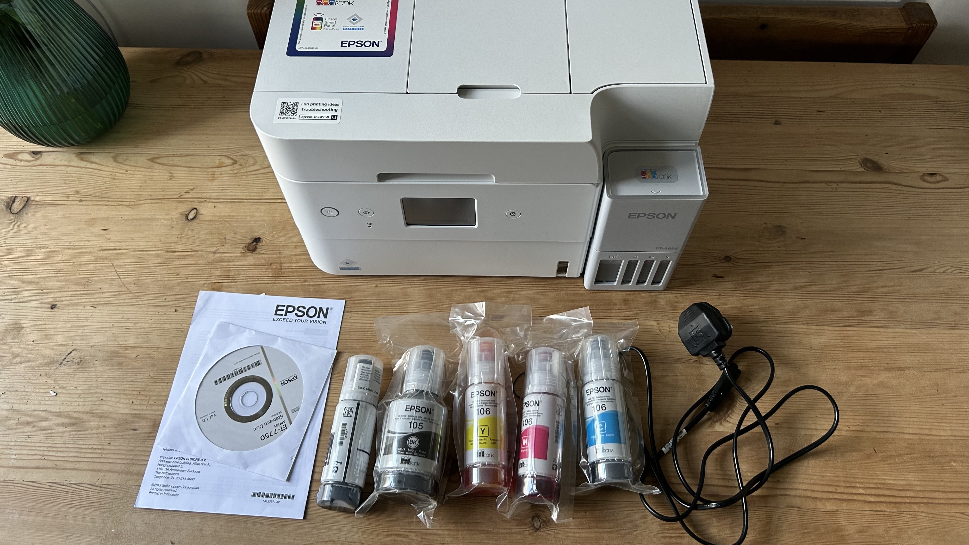 The Epson EcoTank ET-4950 series ink tank printer undergoing testing in a home office during our review process