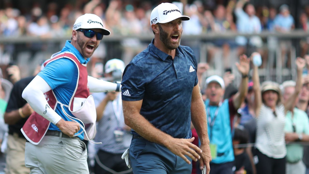 Dustin Johnson celebrates after winning the Boston LIV Golf Invitational Series tournament