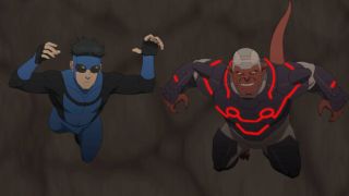 Invincible and Damien Darkblood falling down a pit